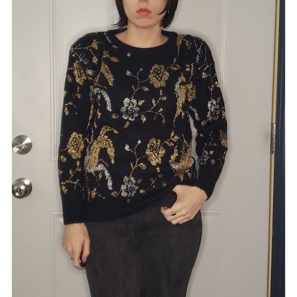 80s Black, Gold, and Silver Rose Sweater‎ - Picture 1 of 4